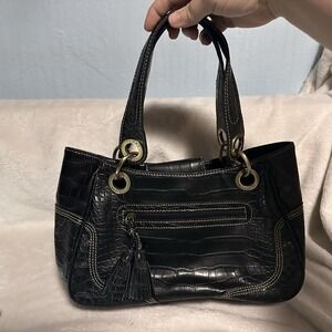 Y2K-VTG-Tommy Hilfiger Black Crocodile Embossed Shoulder Bag Tassel Gld hardware